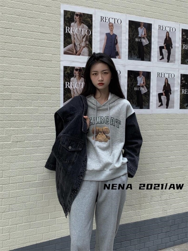 连帽印花卫衣袖子拼接牛仔，女装卫衣/绒衫，里奈(1F)