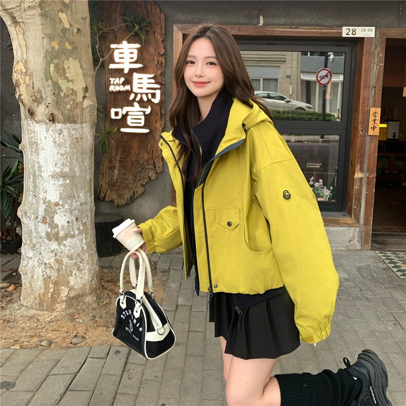 黄绿色加绒工装冲锋衣厚外套女秋冬2025新款减龄爆款派克服流行,女装派克服,2D044