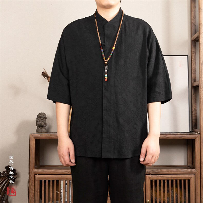 春夏新款风男装棉麻提花禅意五分袖衬衫C27P70图片