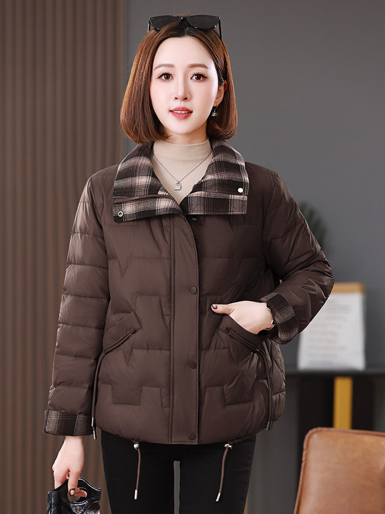 2025冬装新款撞色格纹拼接立领棉衣外套,女装棉衣/棉服,雪樱依海