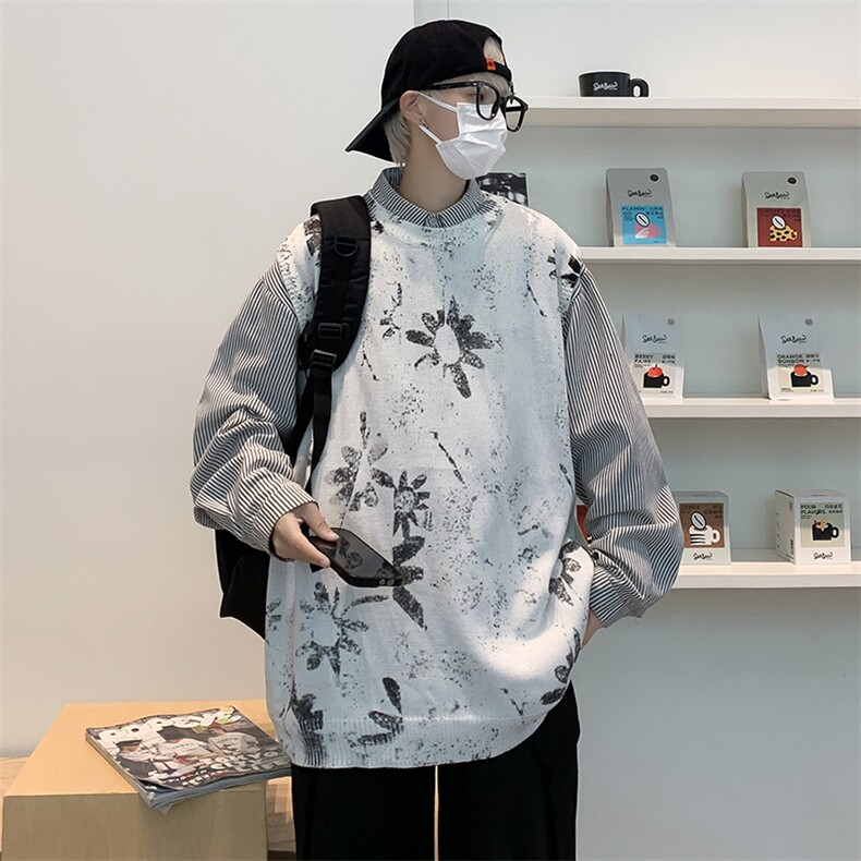 秋款男针织衫向日葵扎染印花圆领休闲毛衣条纹背心外套M55P40,男装针织衫/毛衣,星座1013-1