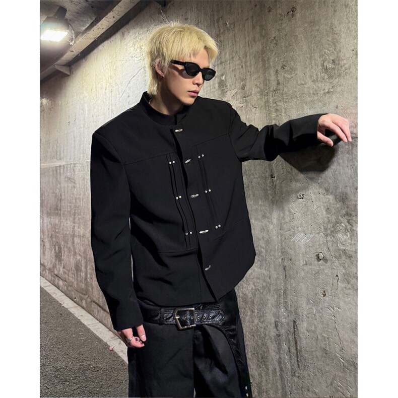 现货25秋冬男士新中式设计感立领金属扣西装外套XZ177-P128,男装西服,电商B288