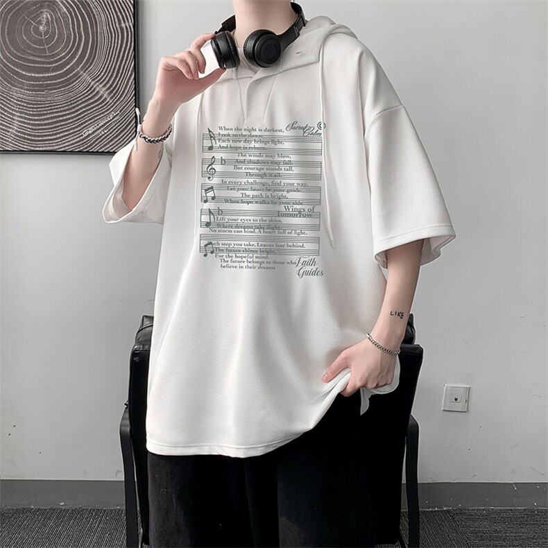 LD5428-P45连帽短袖t恤男大码胖子带帽五分袖中袖,男装T恤,电商A040