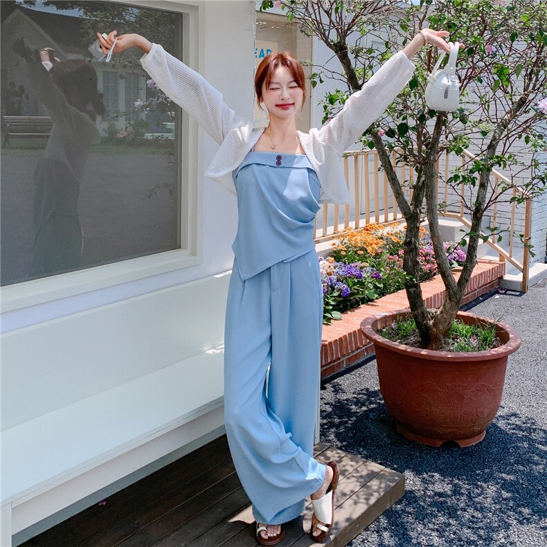 【夏装】吊带上衣+高腰直筒阔腿裤+防晒开衫A240-P175-K260,女装套装/套裙,2D148