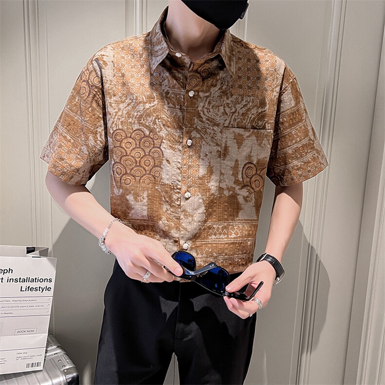 印花短袖衬衫男士社会小伙潮流半袖微宽松衬衣TZ93P50控78,男装T恤,电商B413