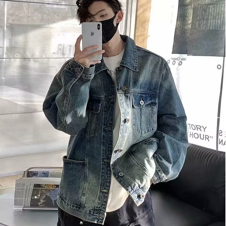 牛仔外套男士春秋复古做旧水洗翻领双口袋夹克上衣潮XX8849P73,男装工装外套,星座1013-5