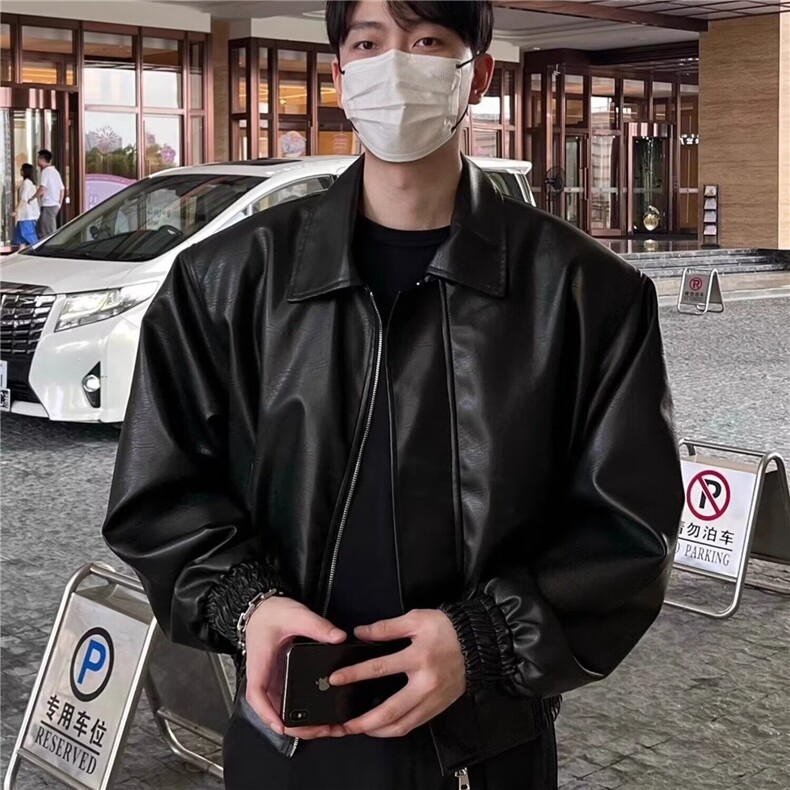 770-P64韩系街头PU皮外套男秋季cityboy潮流痞帅机车服套装宽松，男装休闲套装，电商B323A