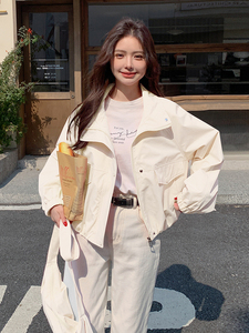 粉色外套女配包包落肩袖宽松休闲气质短夹克长袖2025年春季新款女图片