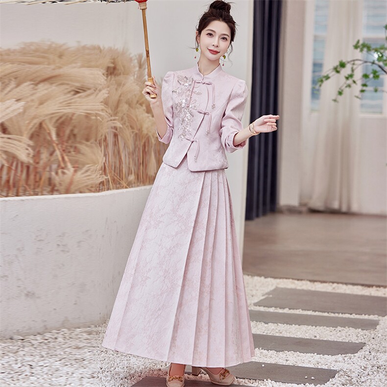 2025新款春秋装复古中国风绣花连衣裙女装礼服气质新中式套装裙,女装套装/套裙,芷墨服饰