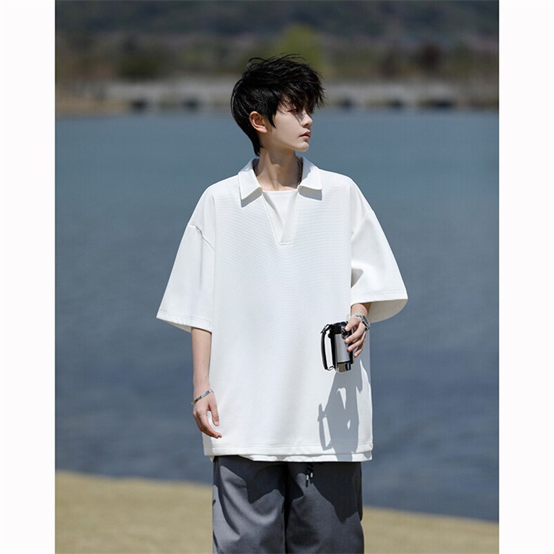 8XL-M假两件V领短袖t恤男夏翻领半袖宽松重磅华夫格大码DT001P40图片