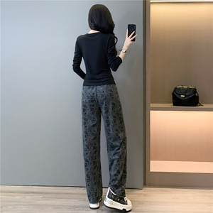 女秋穿搭时尚气质套装圆领不规则开叉设计长袖上衣阔腿长裤两件套图片
