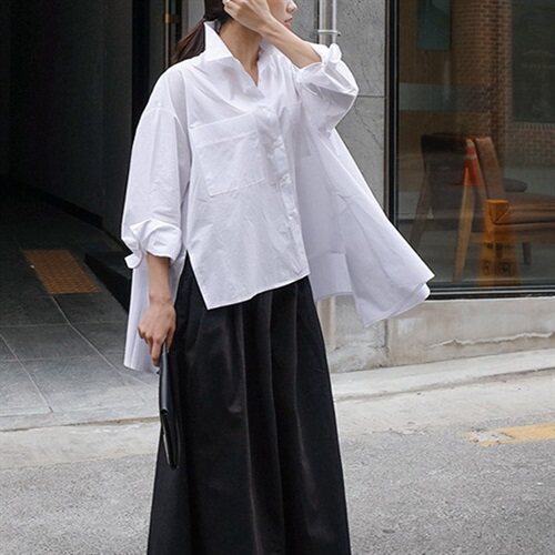 2025春装新款衬衫女韩版宽松大码斗篷型长袖不规则衬衣时尚上衣图片