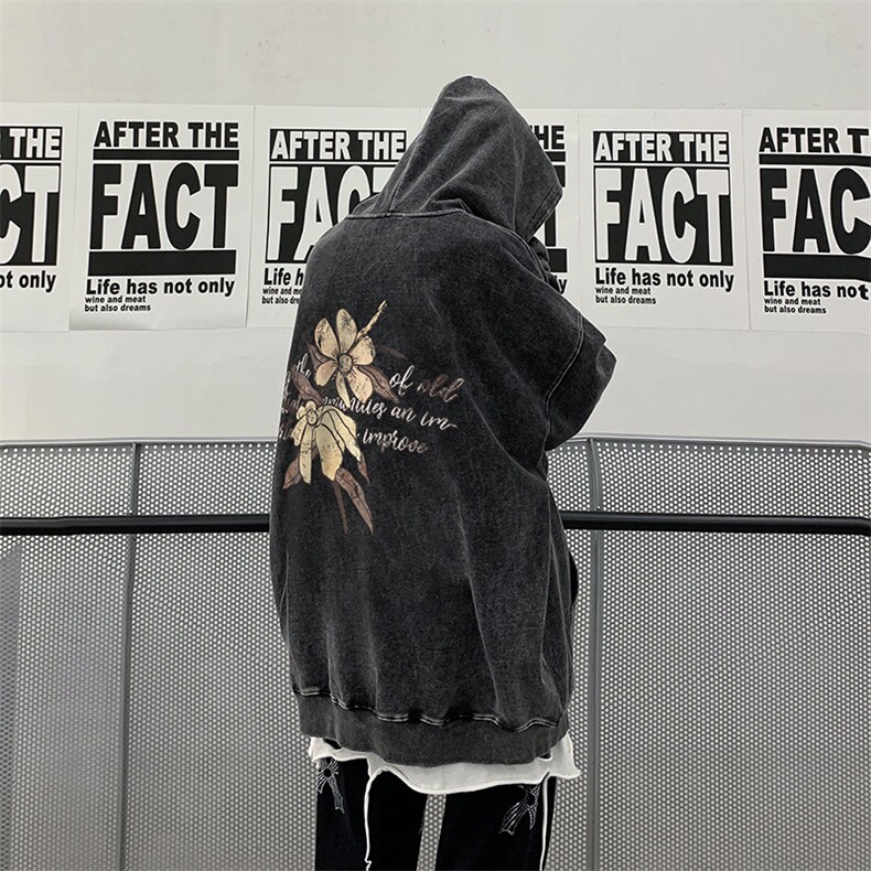 水洗做旧男装连帽卫衣 23春秋花朵印花男生外套XZ514-2-W6656-P68图片