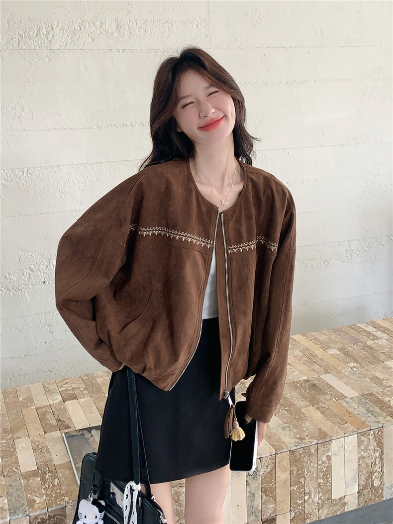 休闲复古麂皮绒短外套女春秋2025新款小个子夹克上衣流行爆款超火,女装短外套,浙宝106