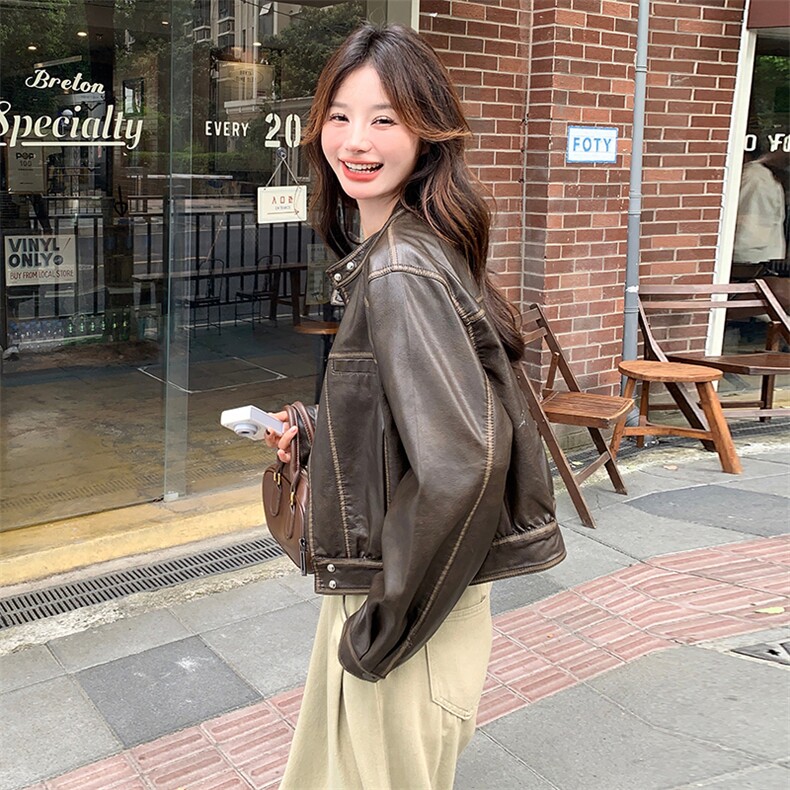 复古港风炸街皮衣夹克外套女2025春秋季新款宽松显瘦时尚短款上衣,女装皮衣,C位