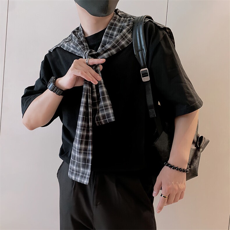 8955/P58控88夏季简约百搭可拆卸假两件格子披肩男短袖T恤黑首3,男装T恤,星座305B