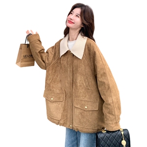 美式复古麂皮绒翻领羽绒服外套女拼接设计感90白鸭绒保暖加厚夹克图片