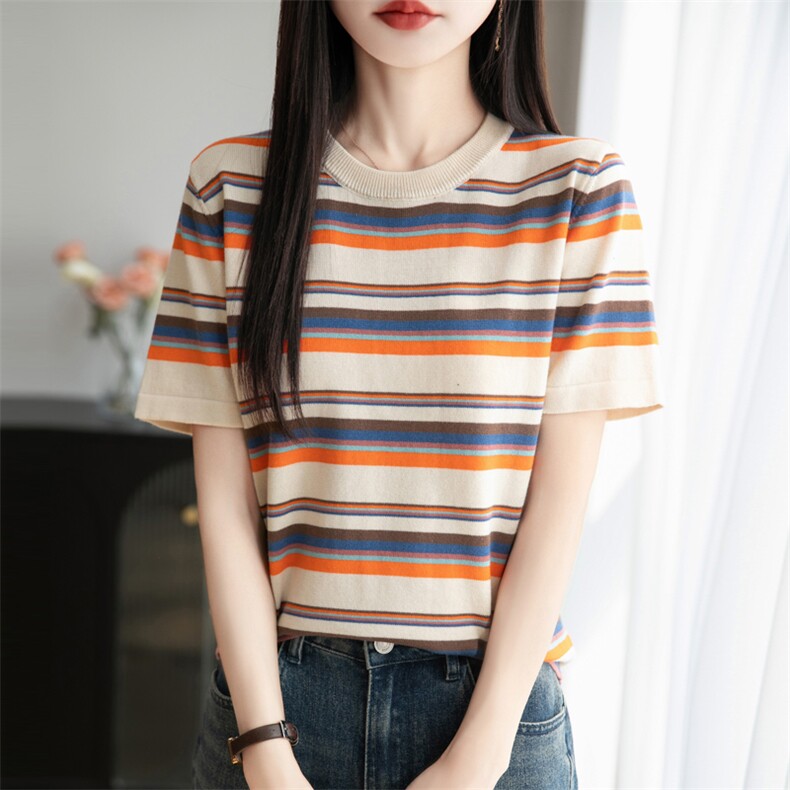 特惠印花超火减龄上衣韩系夏天复古针织条纹t恤女ins潮小众夏短袖,女装T恤,秋双羊绒