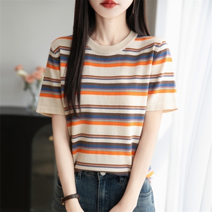 特惠印花超火减龄上衣韩系夏天复古针织条纹t恤女ins潮小众夏短袖,给许晴穿搭夏天小个子图片