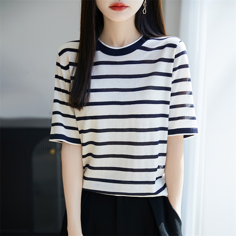 轻奢高级风！桑蚕丝撞色条纹圆领针织短袖T恤女,针织衫/毛衣,暖烁羊绒