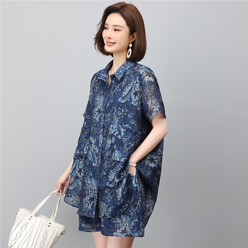 套装女2026年夏季新款时尚宽松中年妈妈大码短裤两件套,女装套装/套裙,江忆布依