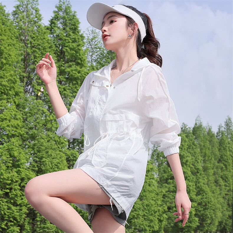 轻薄透气防晒衣女2024夏新款抽绳收腰中长款休闲户外防晒服薄外套,女装防晒衣,依万里