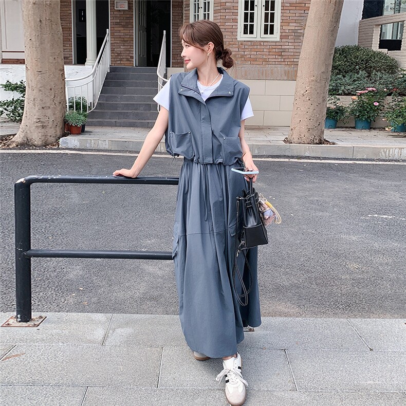 灰蓝色工装半身长裙子套装女夏季2025新款时尚休闲马甲T恤三件套，女装套装/套裙，辉之琳