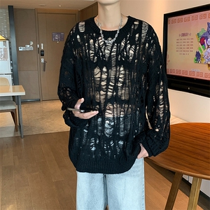 镂空宽松薄款针织衫痞帅复古破坏小众长袖男YM6021图片