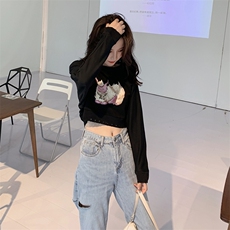 现货2021秋冬高腰女韩版宽松短款卫衣166-1059P65控118黑色，女装卫衣/绒衫，茜茜公主