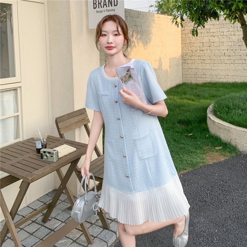 蓝色小香风连衣裙女夏新款设计感小个子百褶拼接名媛气质显瘦裙子图片