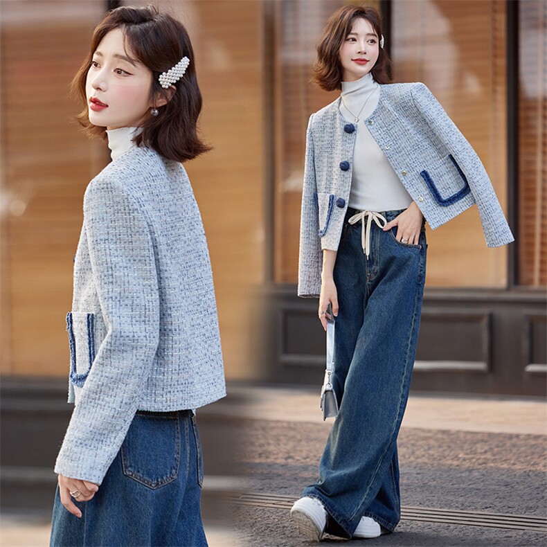 蓝色名媛小香风圆领外套女2024秋季新款粗花呢洋气超好看短款上衣,女装短外套,韩宇舍