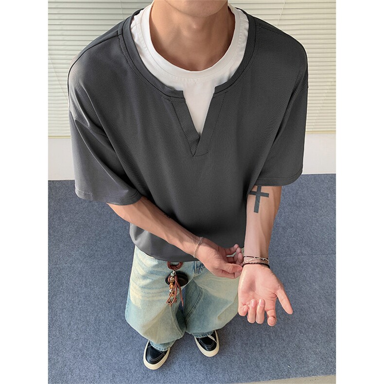 特批P25无差价夏季冰丝垂感V领拼色假两件休闲宽松短袖T恤T5132,男装T恤,电商A001