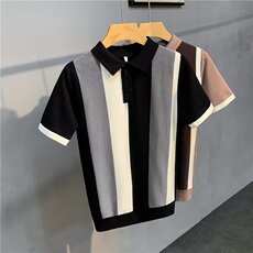 韩版修身男士竖条纹翻领针织短袖T恤青年休闲polo衫PL69003P42，男装T恤，星座1013-5