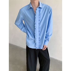 奶蓝色衬衫设计感高级cleanfit木耳边衬衣韩系风格穿搭 CXC359图片