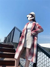 812#呢料格子长款外套，其它，米社