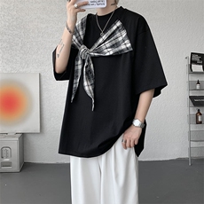 T10128-特批32控58曼巴棉大码撞色拼接个性小众T恤短袖潮，男装T恤，电商A059