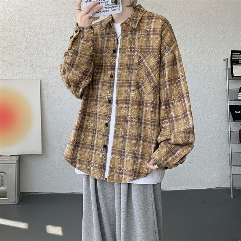 衬衫男秋季新款港风宽松大码格子扎染长袖衬衣CS506-P35，男装衬衫，星座214-3