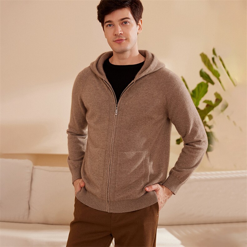 时尚男士秋冬新款简约休闲连帽羊绒开衫高品质保暖舒适，男装羊绒套衫，绒歆坊