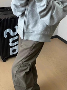 美式复古工装裤解构设计新款宽松牛仔裤美拉德棕色裤子男K68图片