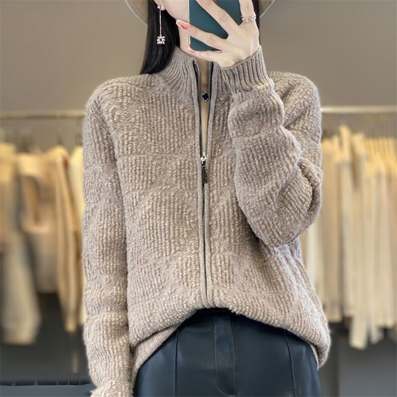 秋冬新款羊毛加厚立领拉链开衫女宽松显瘦保暖毛衣外套,女装羊毛衫,忠诺羊绒