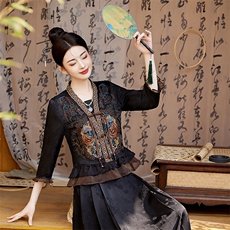 民族风刺绣V领漂亮女2025夏装时尚年轻复古改良汉服，女装衬衫，宝儿家