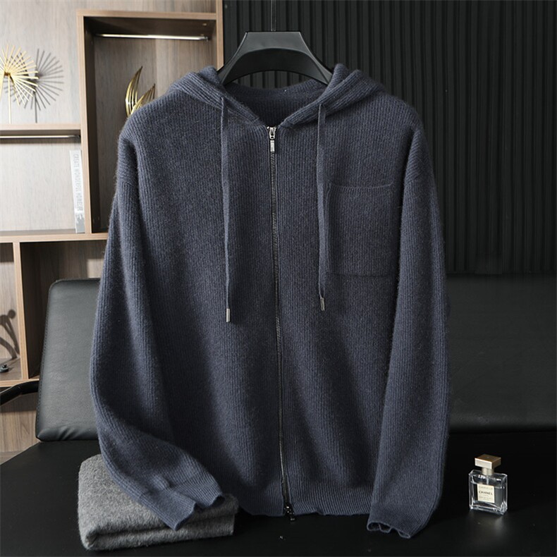 秋冬季新款简约百搭元宝针连帽衫羊绒，男装休闲套装，台绒羊绒