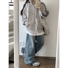 灰色三条杠外套男女美式卫衣休闲运动上衣春秋薄款立领开衫夹克，男装夹克，星座506A