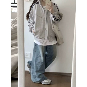 灰色三条杠外套男女美式卫衣休闲运动上衣春秋薄款立领开衫夹克图片