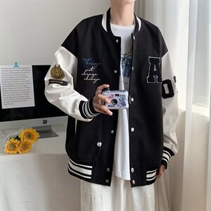 vibe美式棒球服男春秋黑白拼接飞行员夹克毛呢布皮袖BJ309P65图片