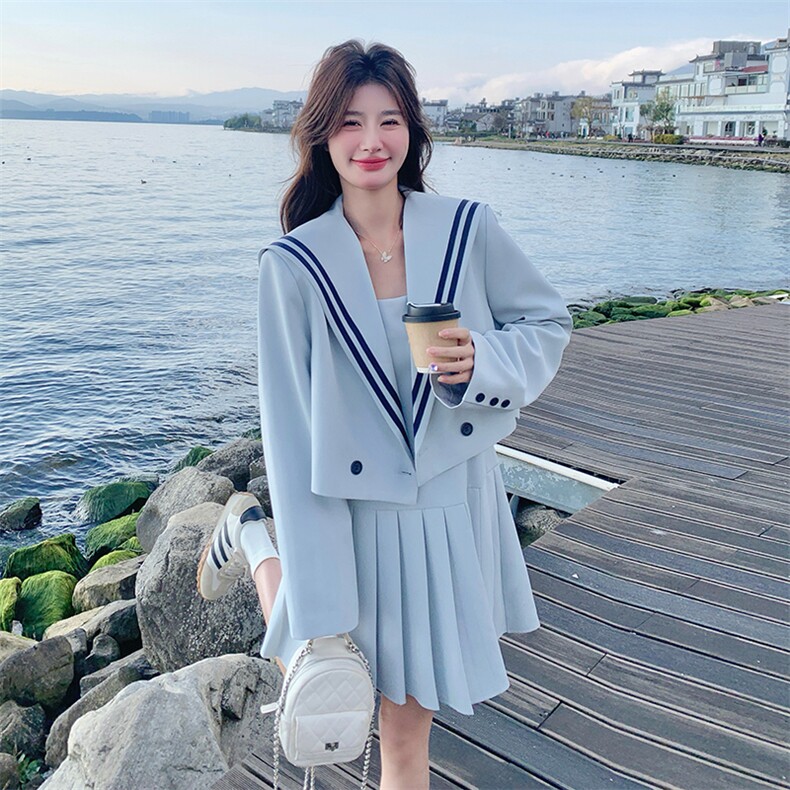 海军领短外套吊带连衣裙两件套女2025春季新款学院风小个子百褶裙,女装套装/套裙,2C110