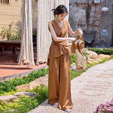 阔腿裤两件套女时尚轻熟风2026夏季新款时尚显瘦V领无袖马甲套装，女装套装/套裙，美沁