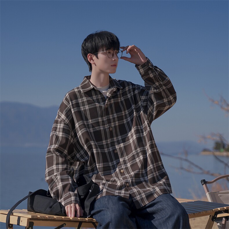 B225-C6048-P62-X78-65%棉35聚酯纤维-复古百搭宽松格子长袖衬衫,男装衬衫,电商B225