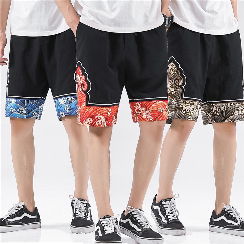 7086夏季中国风棉麻短裤国潮海浪印花布拼接刺绣亚麻五分裤，男装休闲裤，钱塘715