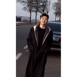 可拆卸~假两件卫衣连帽毛呢大衣男垫肩过膝长款风衣外套Y979-P138图片